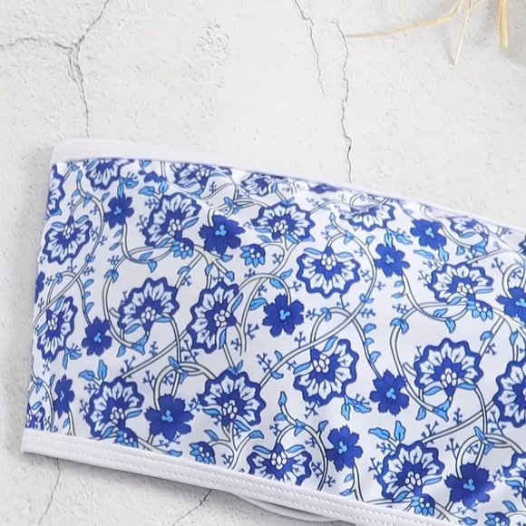 Blue Floral Bandeau High Waisted Bikini Set - Picture 4 of 7